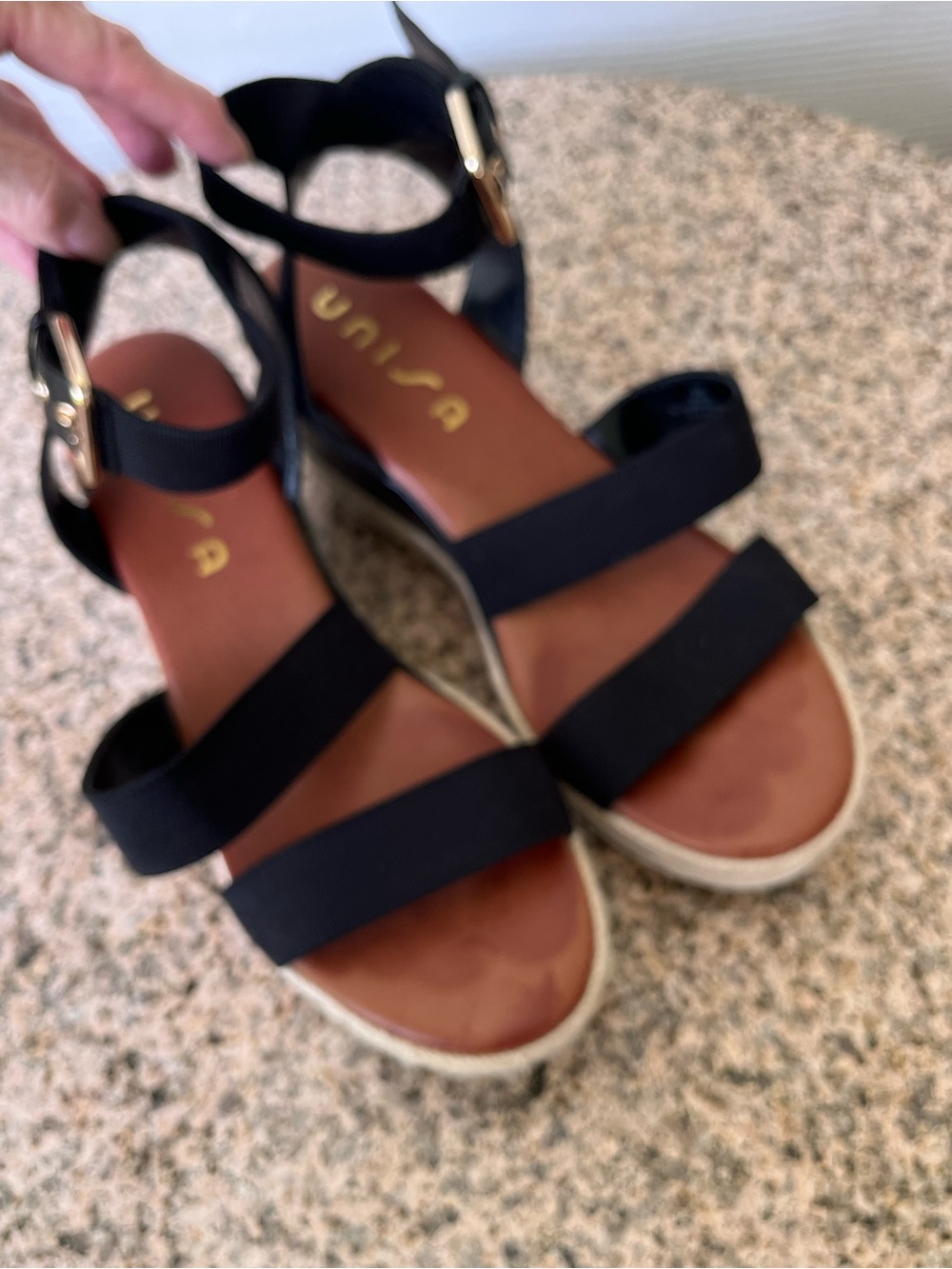 Women’s Unisa Black Strappy Espadrille Wedge Sandals with Gold Buckle SZ 9.5